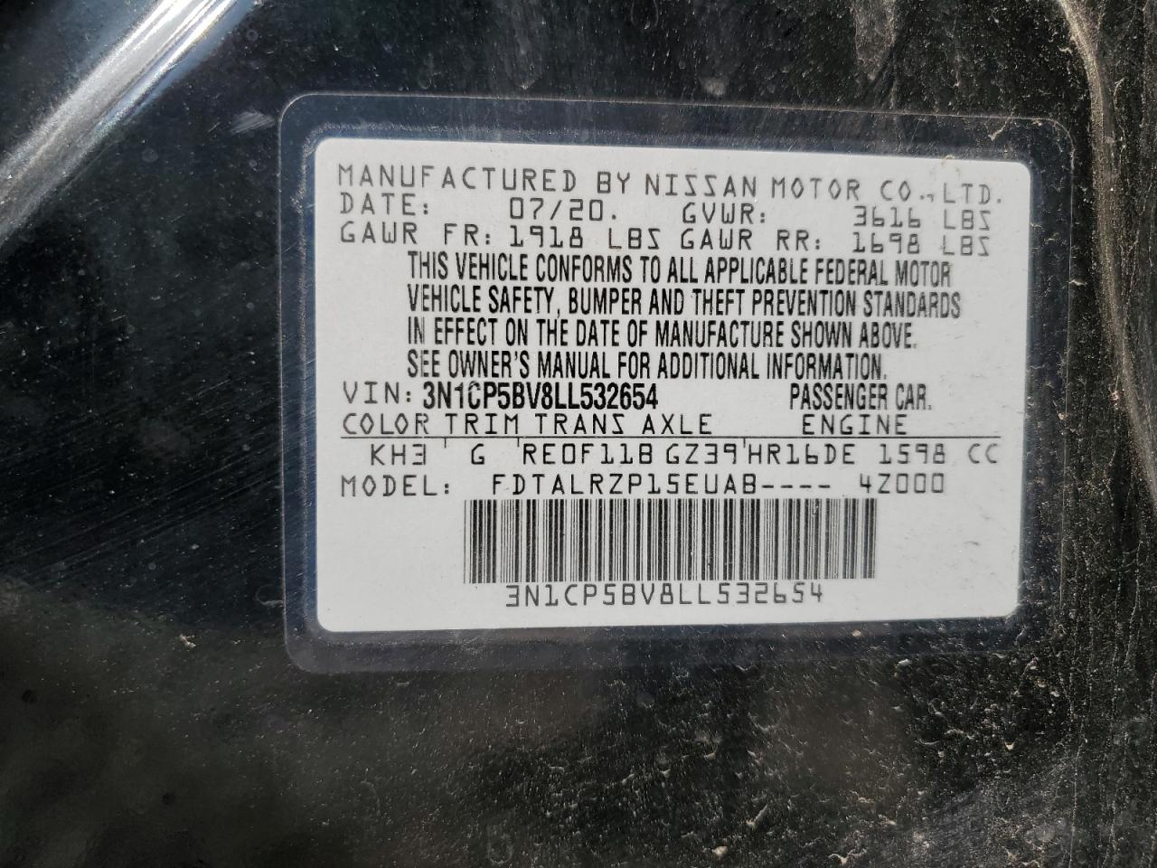 2020 Nissan Kicks S VIN: 3N1CP5BV8LL532654 Lot: 66695575