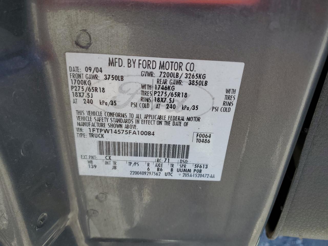 2005 Ford F150 Supercrew VIN: 1FTPW14575FA10084 Lot: 65205055