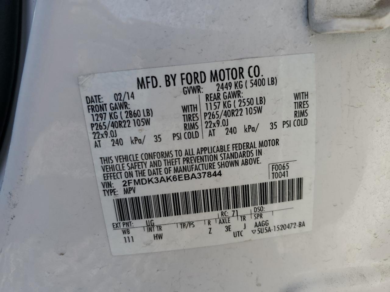 2014 Ford Edge Sport VIN: 2FMDK3AK6EBA37844 Lot: 62364975