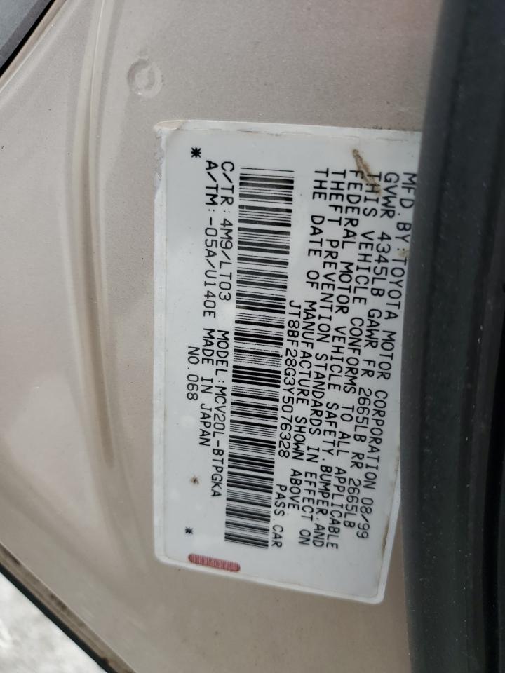 2000 Lexus Es 300 VIN: JT8BF28G3Y5076328 Lot: 63104895