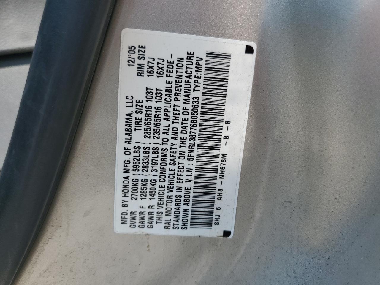 2006 Honda Odyssey Exl VIN: 5FNRL38776B050633 Lot: 65504265