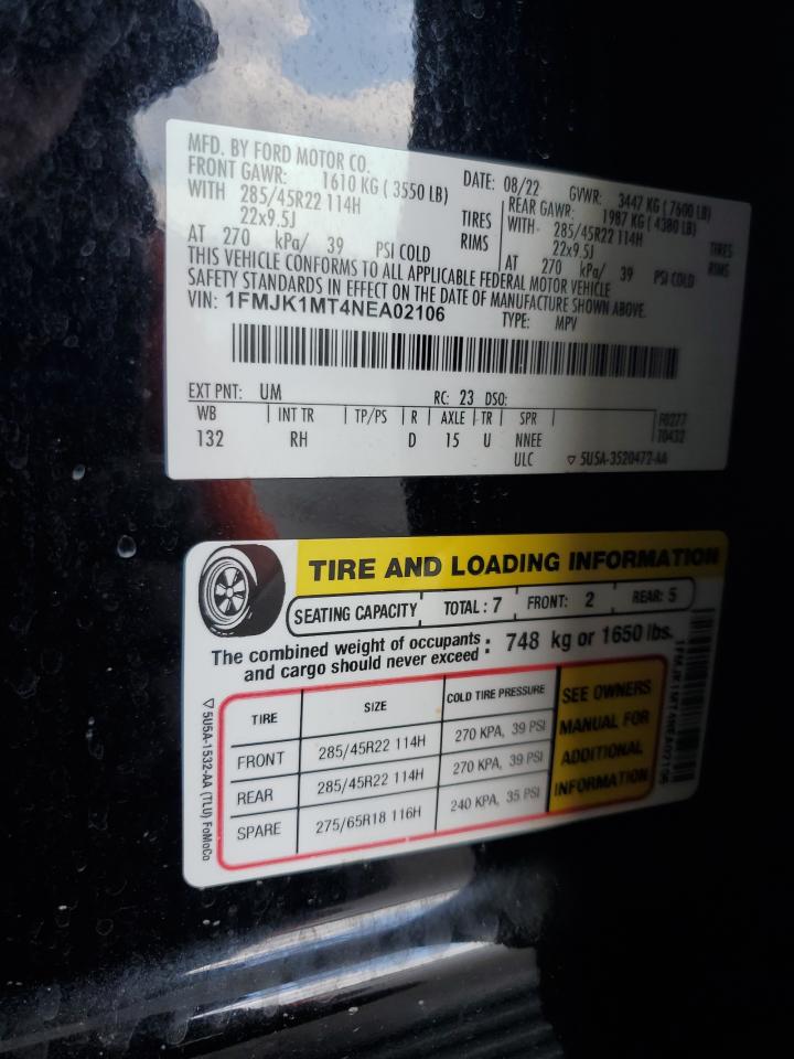 2022 Ford Expedition Max Platinum VIN: 1FMJK1MT4NEA02106 Lot: 63471595