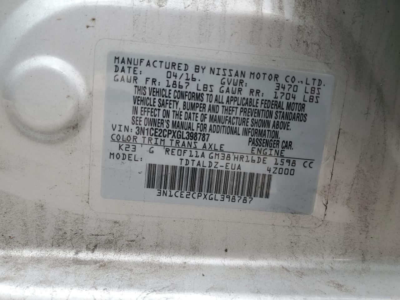 2016 Nissan Versa Note S VIN: 3N1CE2CPXGL398787 Lot: 66990845