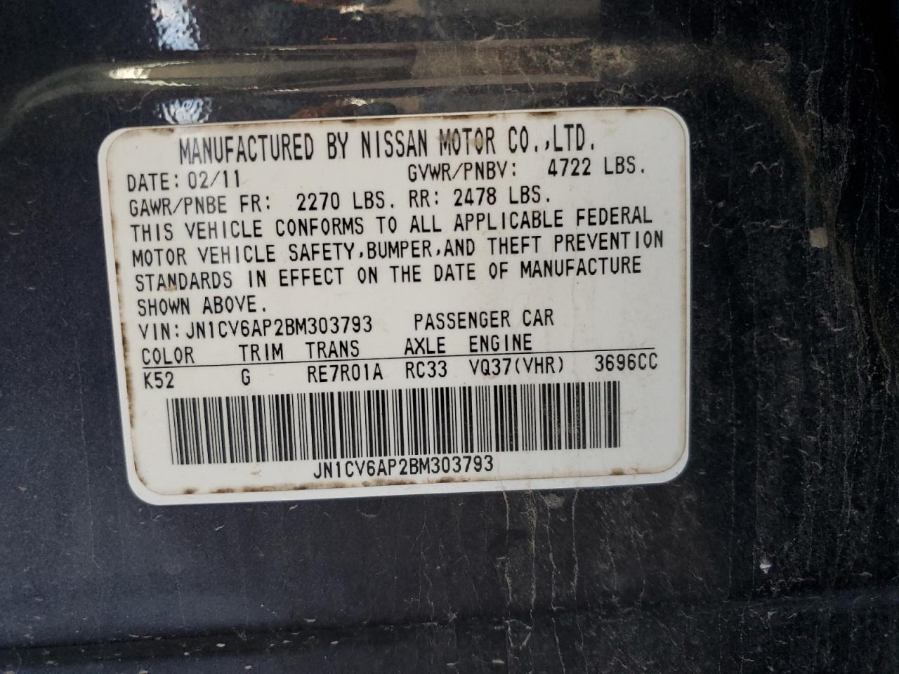 2011 Infiniti G37 Base VIN: JN1CV6AP2BM303793 Lot: 63752445