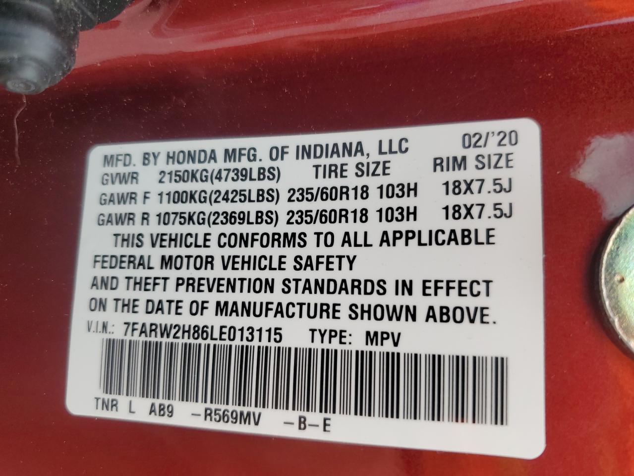 2020 Honda Cr-V Exl VIN: 7FARW2H86LE013115 Lot: 65549965