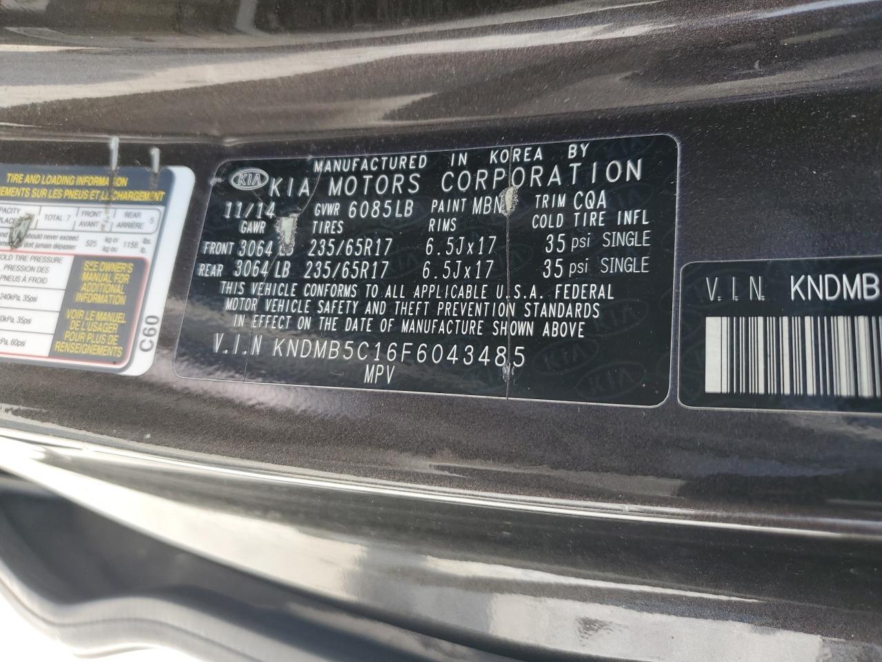 2015 Kia Sedona Lx VIN: KNDMB5C16F6043485 Lot: 64146295