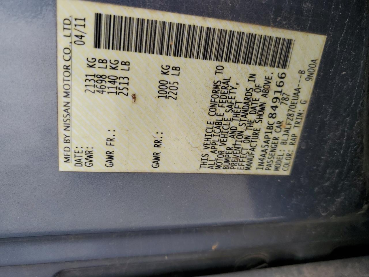 2011 Nissan Maxima S VIN: 1N4AA5AP1BC849166 Lot: 64277605