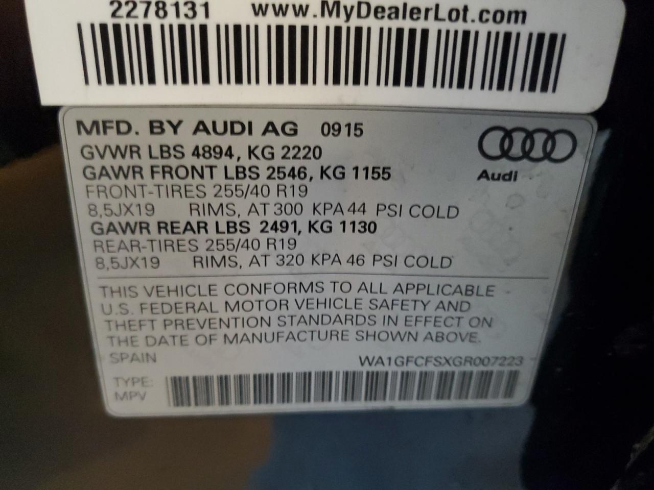 2016 Audi Q3 Prestige VIN: WA1GFCFSXGR007223 Lot: 63500015