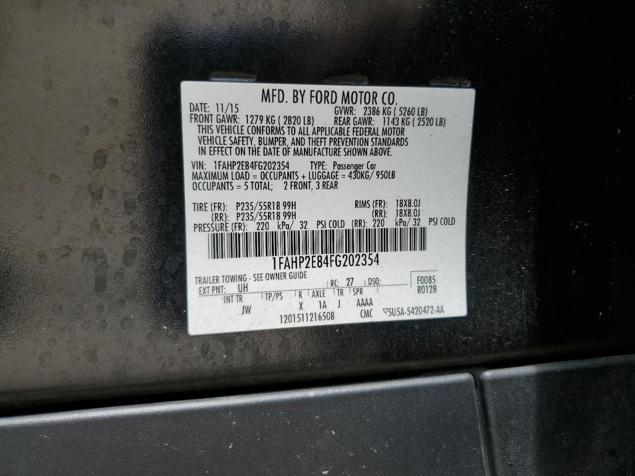 2015 Ford Taurus Sel VIN: 1FAHP2E84FG202354 Lot: 62917925