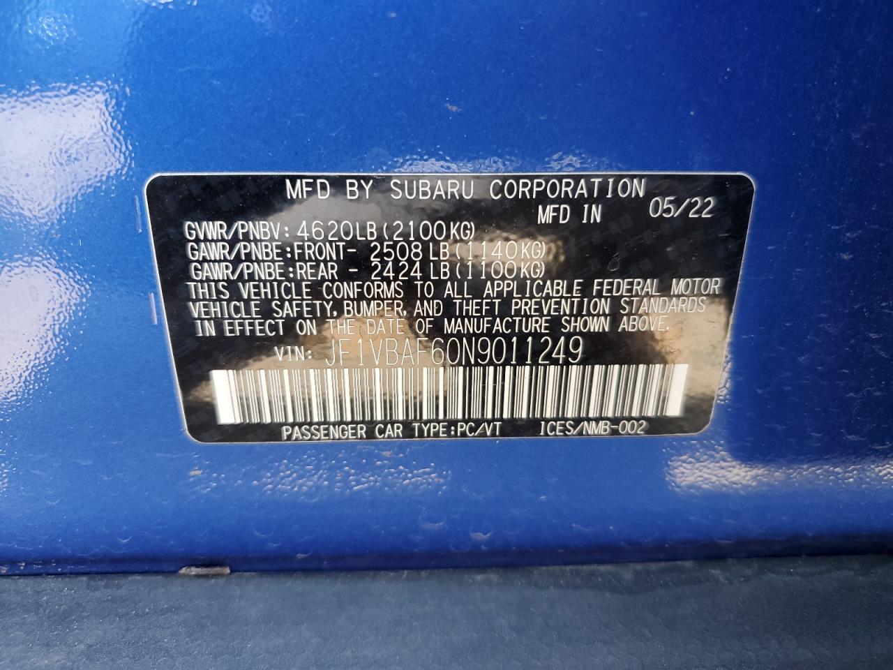 2022 Subaru Wrx Premium VIN: JF1VBAF60N9011249 Lot: 66049705