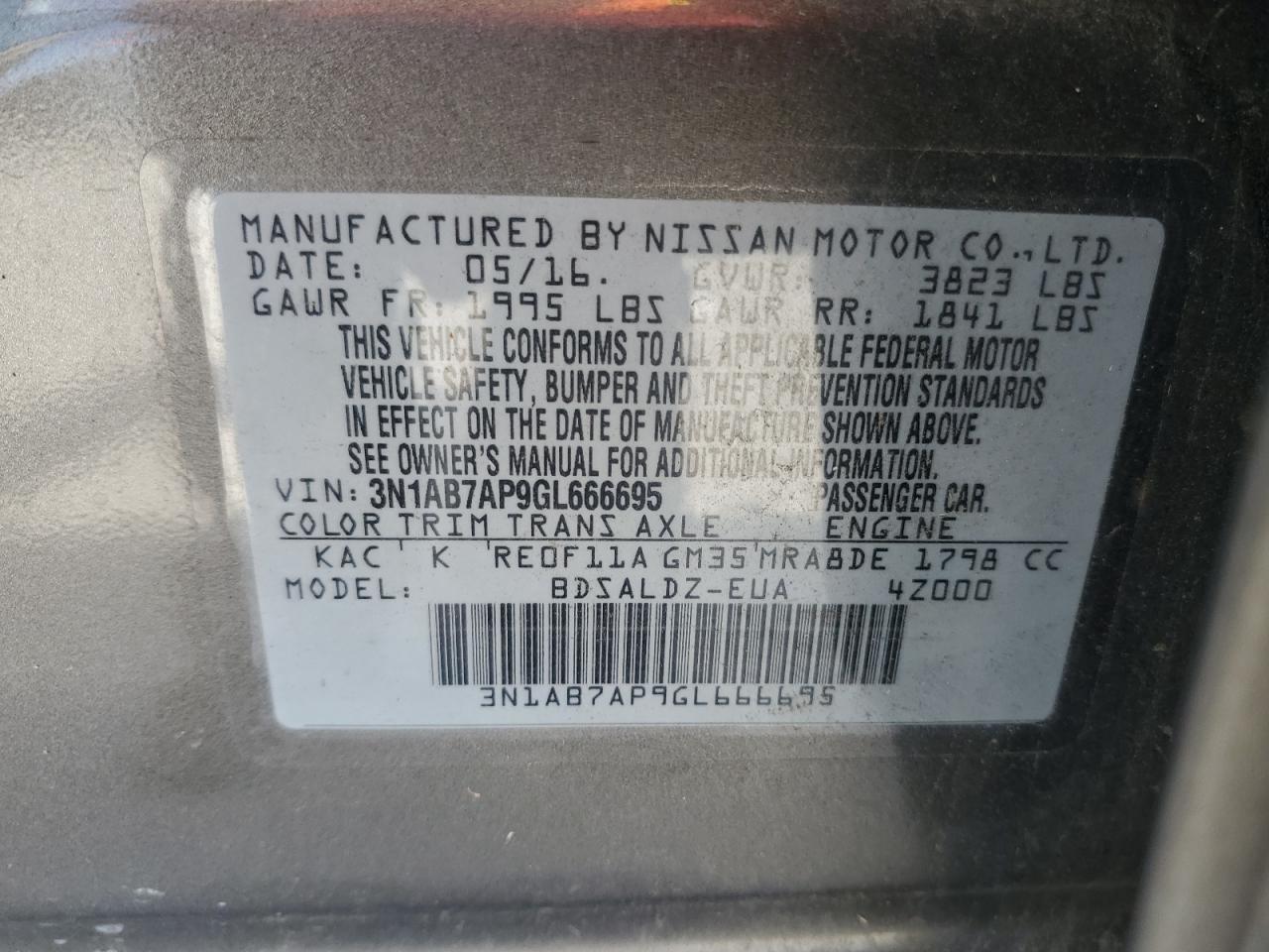 3n1ab7ap9gl666695 3N1AB7AP9GL666695 2016 Nissan Sentra S