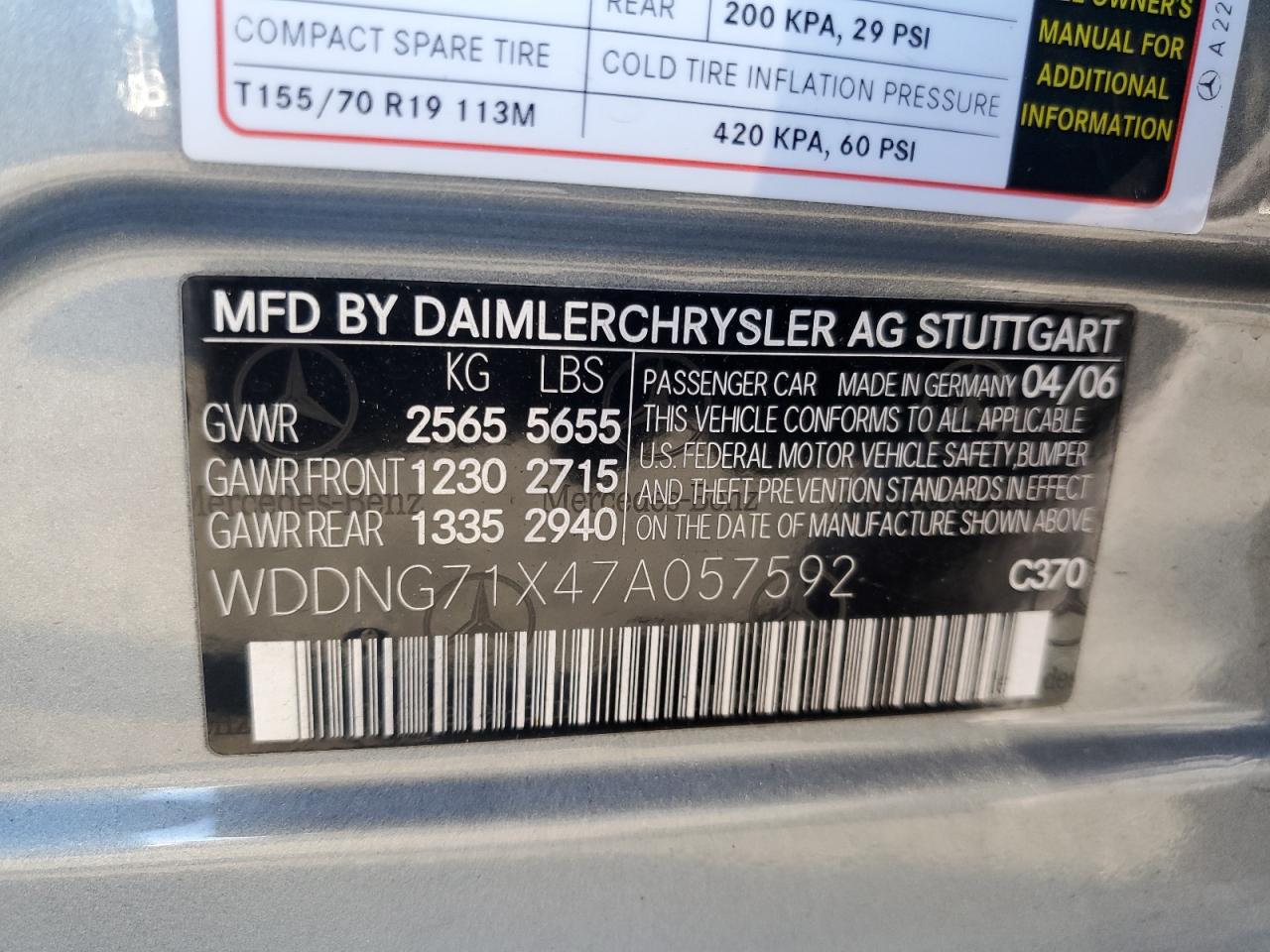 2007 Mercedes-Benz S 550 VIN: WDDNG71X47A057592 Lot: 63802215