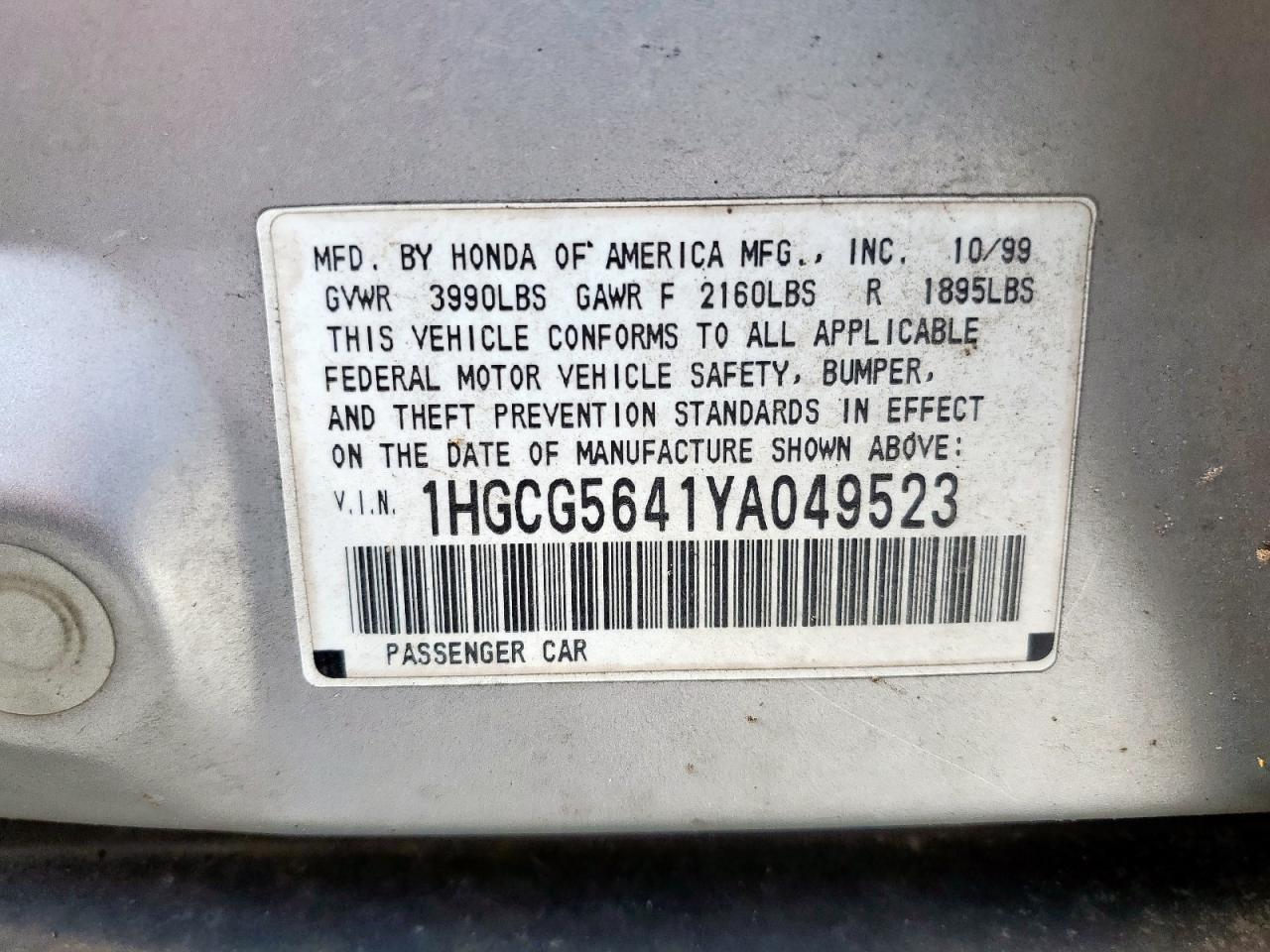 2000 Honda Accord Lx VIN: 1HGCG5641YA049523 Lot: 64887635