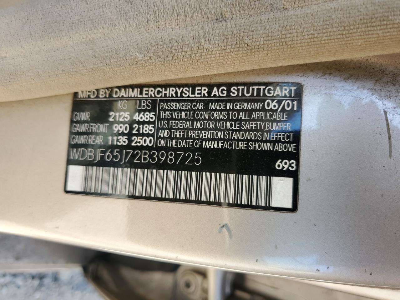 2002 Mercedes-Benz E 320 VIN: WDBJF65J72B398725 Lot: 64122445