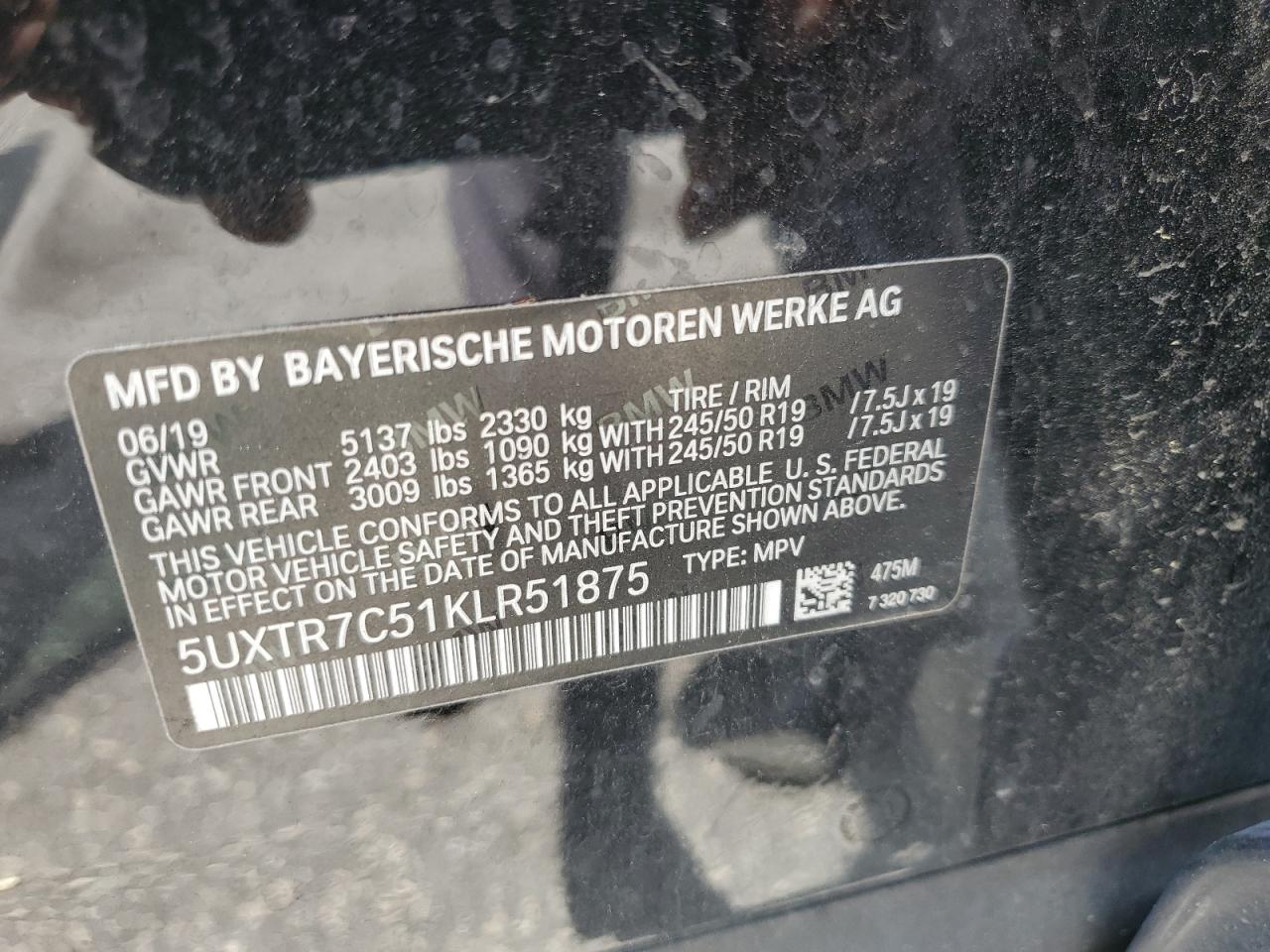 2019 BMW X3 Sdrive30I VIN: 5UXTR7C51KLR51875 Lot: 64461275
