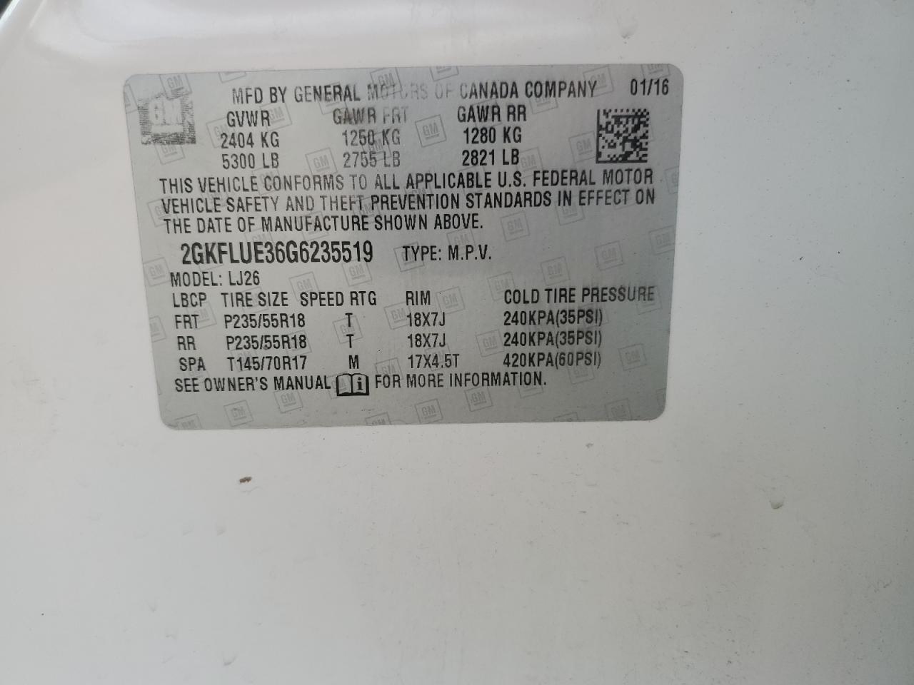 2016 GMC Terrain Slt VIN: 2GKFLUE36G6235519 Lot: 65055165