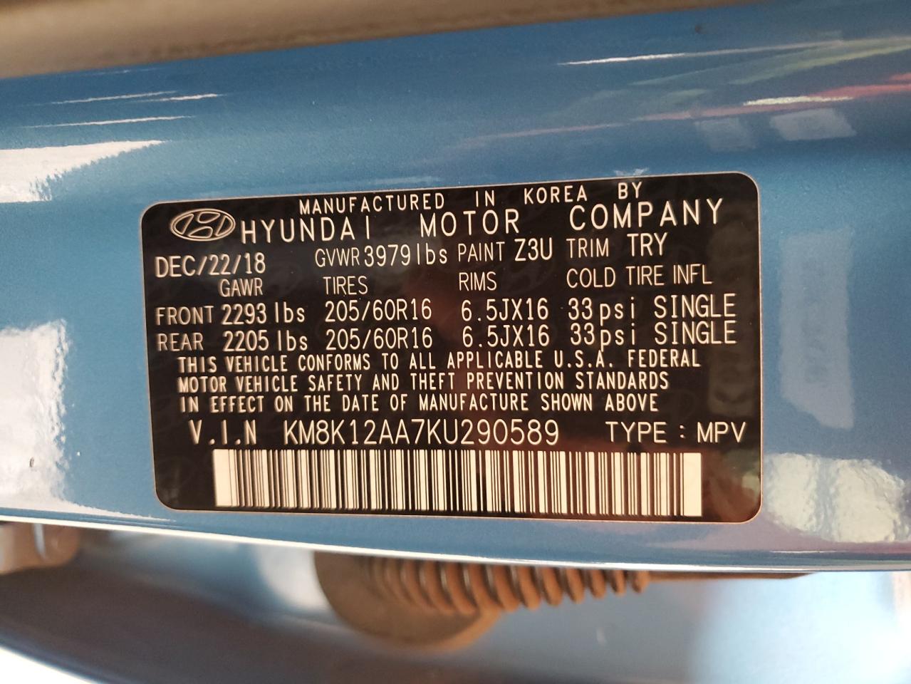 2019 Hyundai Kona Se VIN: KM8K12AA7KU290589 Lot: 65189165