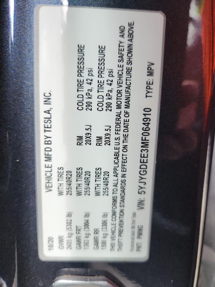 2021 Tesla Model Y VIN: 5YJYGDEE3MF064910 Lot: 64265745