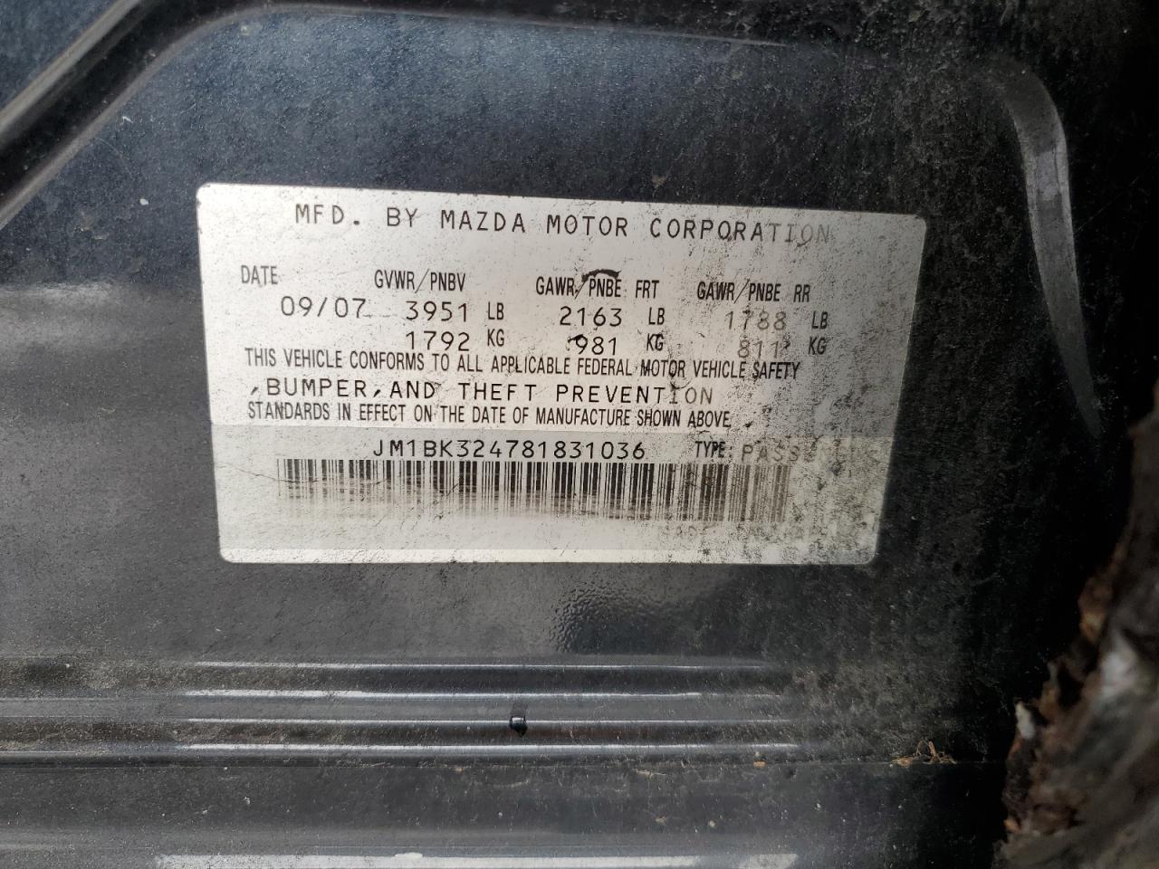 2008 Mazda 3 S VIN: JM1BK324781831036 Lot: 65507305