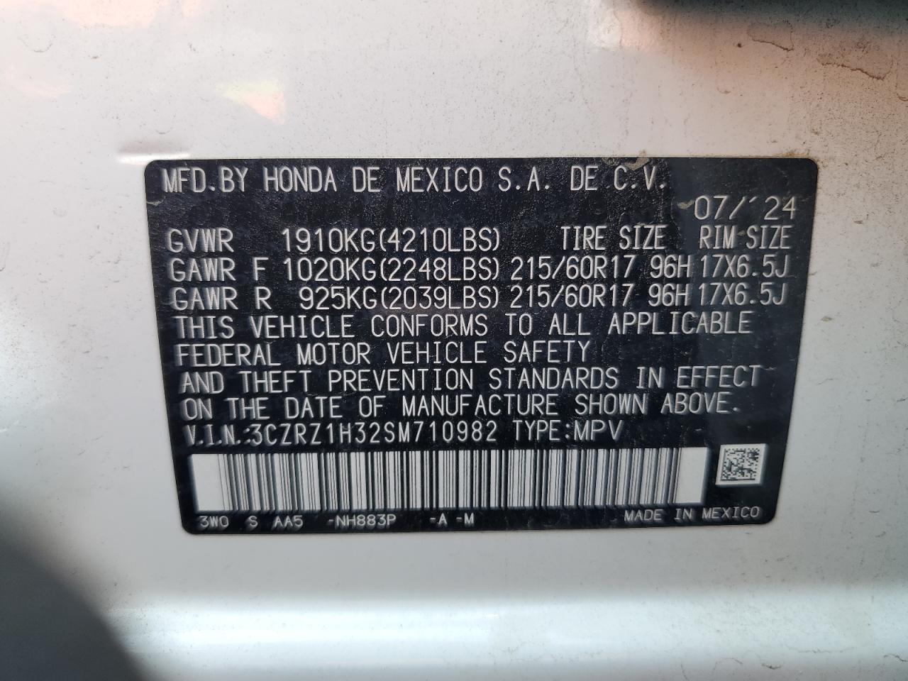 2025 Honda Hr-V Lx VIN: 3CZRZ1H32SM710982 Lot: 64697855