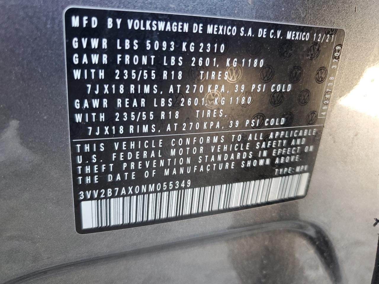 2022 Volkswagen Tiguan Se VIN: 3VV2B7AX0NM055349 Lot: 63609935