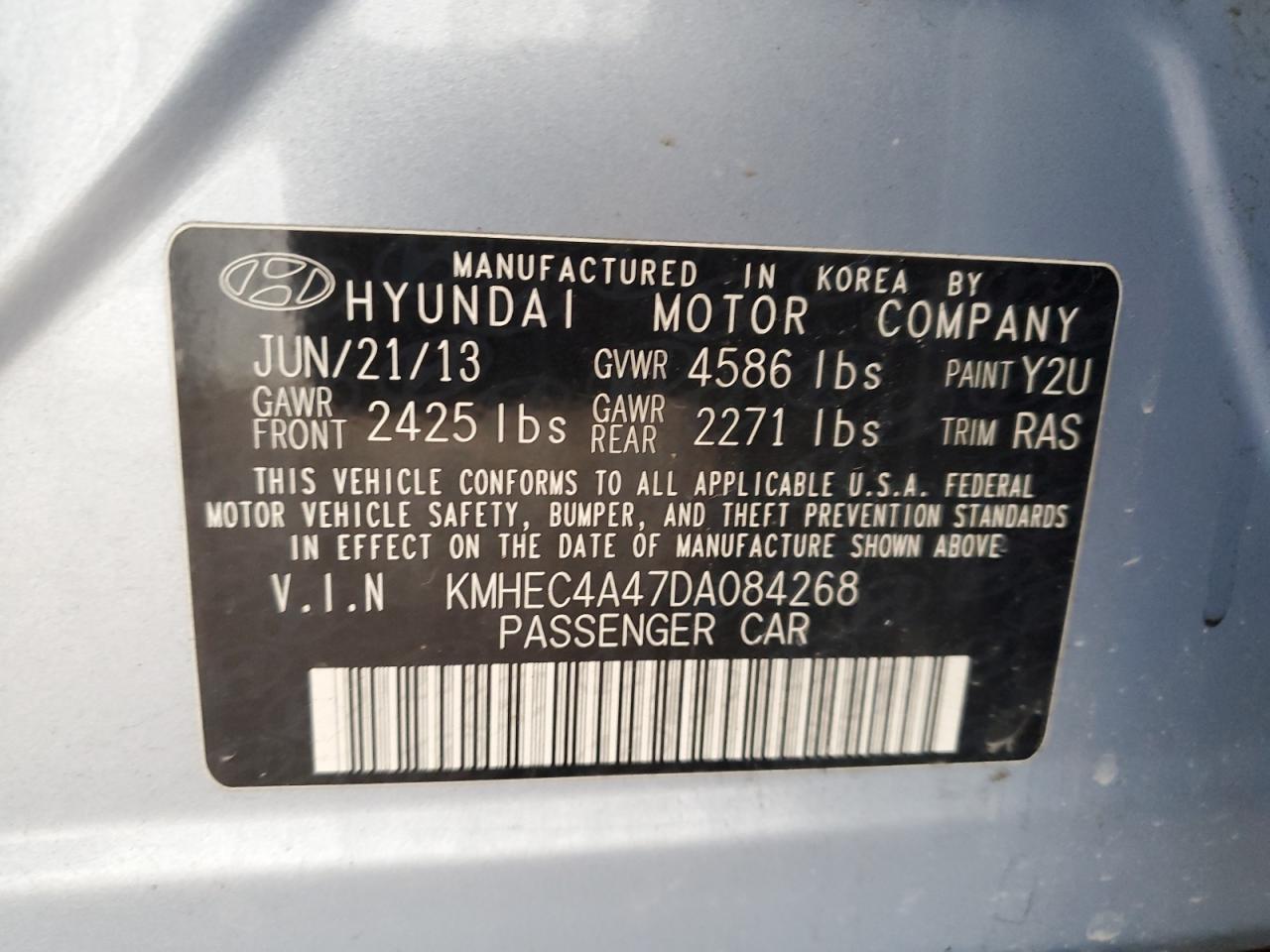 2013 Hyundai Sonata Hybrid VIN: KMHEC4A47DA084268 Lot: 63618505