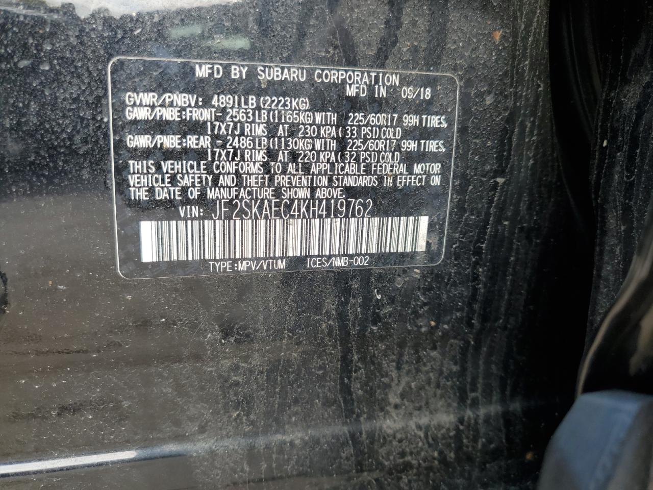 2019 Subaru Forester Premium VIN: JF2SKAEC4KH419762 Lot: 64083345