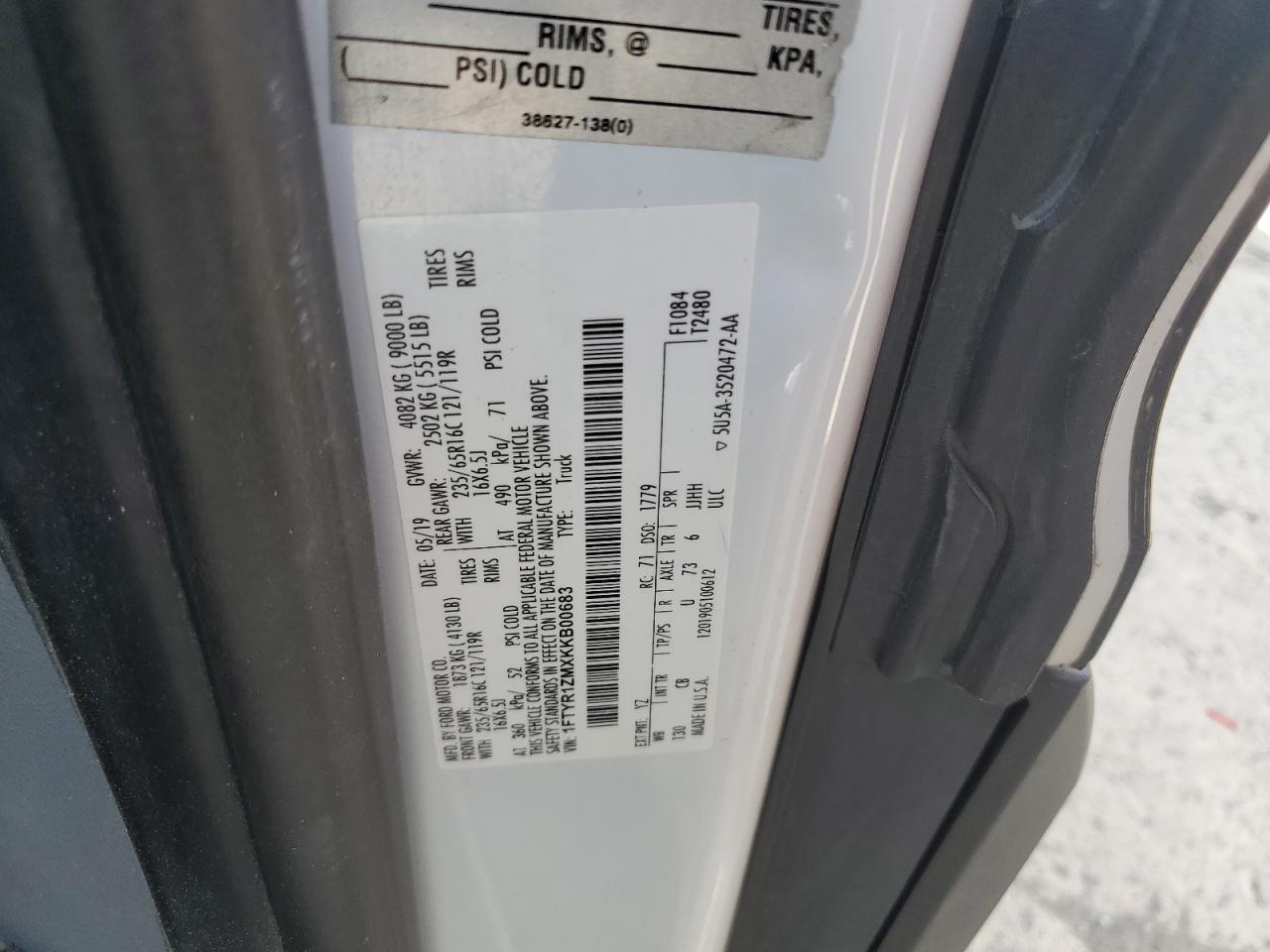 2019 Ford Transit T-250 VIN: 1FTYR1ZMXKKB00683 Lot: 63625295