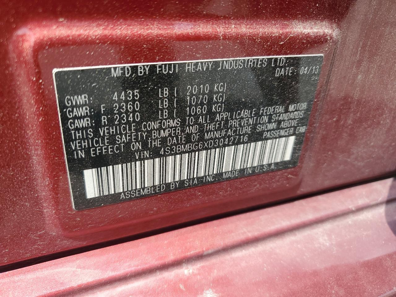 2013 Subaru Legacy 2.5I Premium VIN: 4S3BMBG6XD3042716 Lot: 64858775