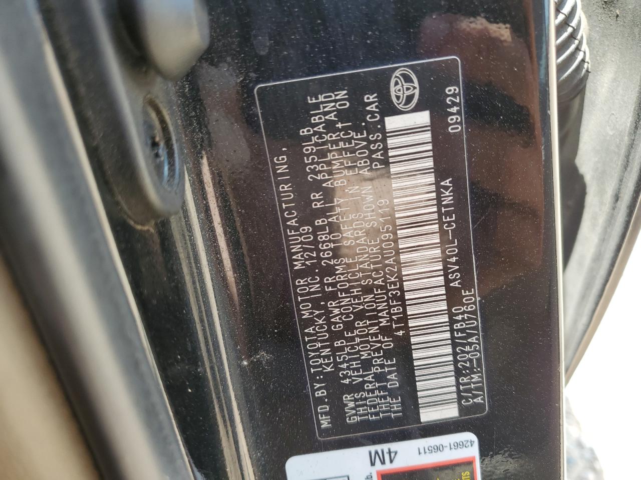 2010 Toyota Camry Base VIN: 4T1BF3EK2AU095119 Lot: 65831665