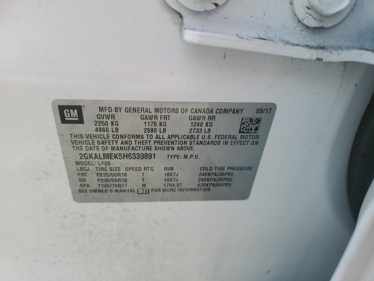 2017 GMC Terrain Sle VIN: 2GKALMEK5H6339891 Lot: 65013675