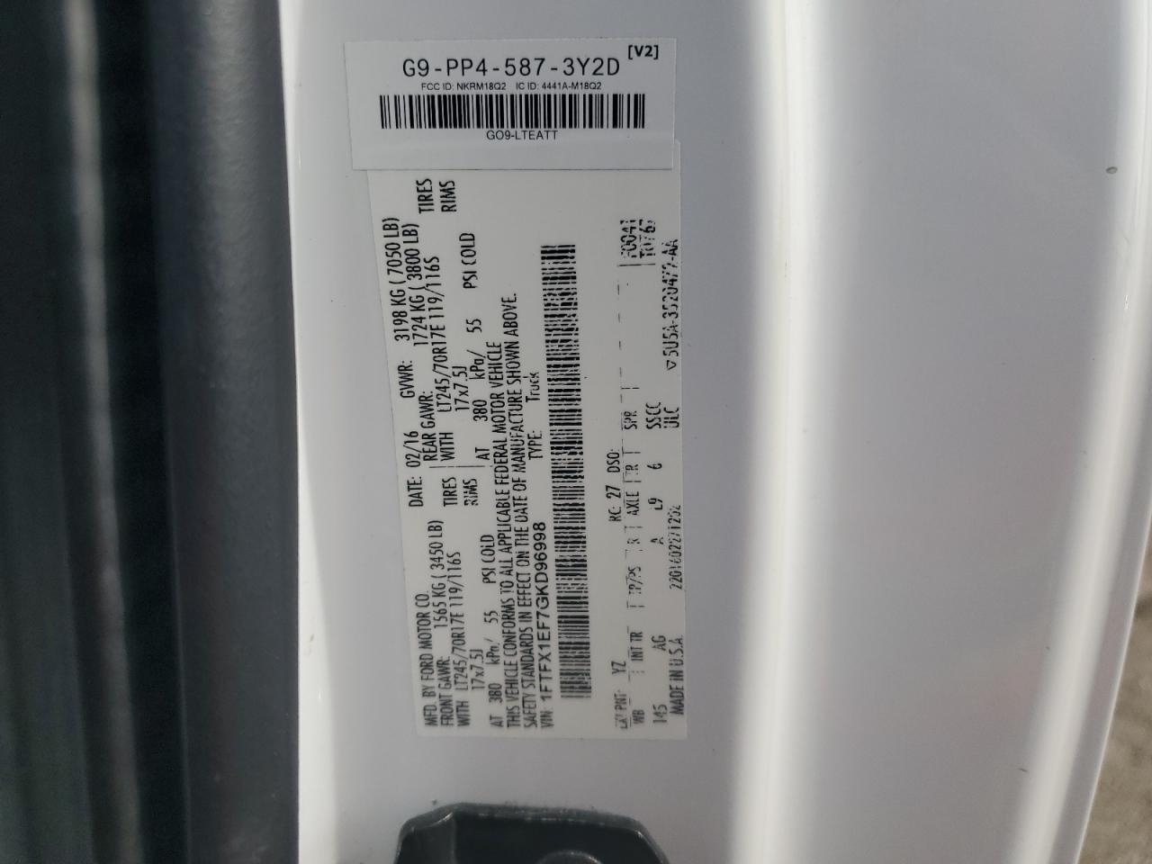 2016 Ford F150 Super Cab VIN: 1FTFX1EF7GKD96998 Lot: 65047305