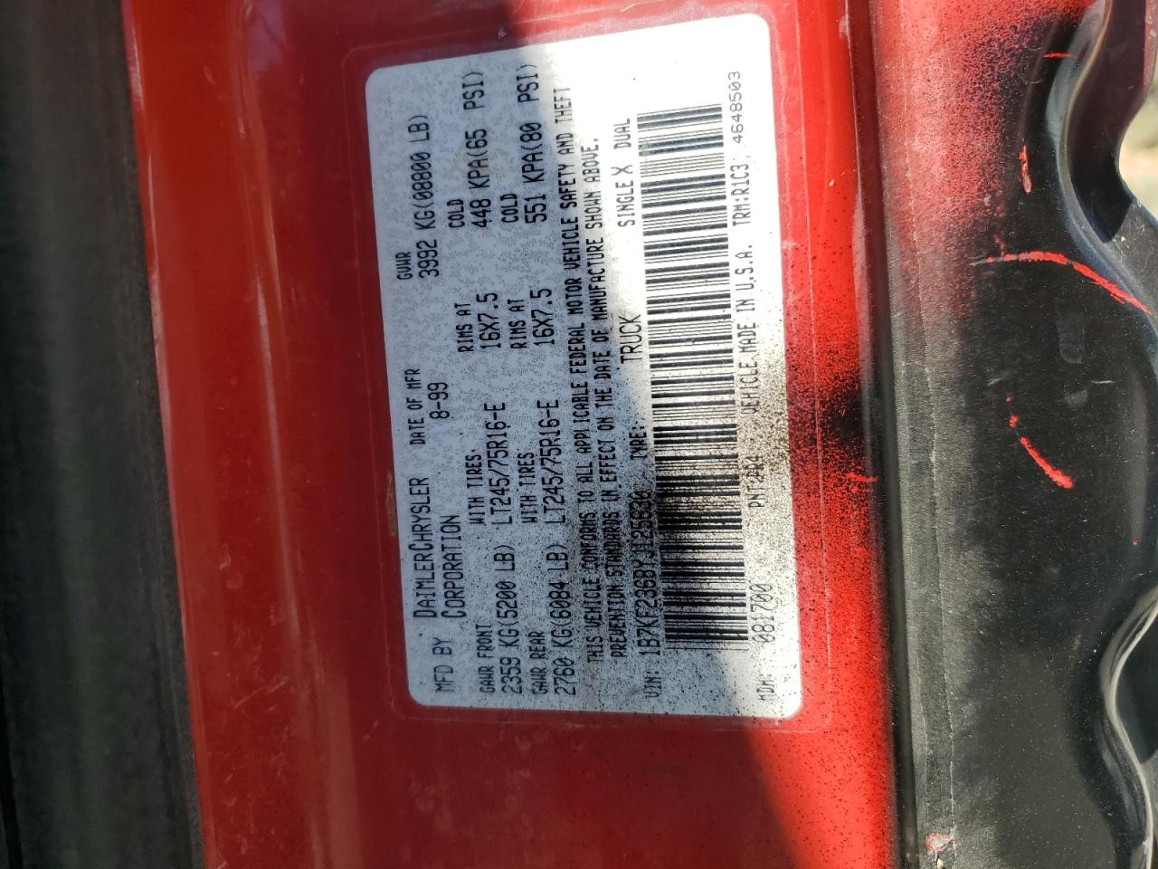 2000 Dodge Ram 2500 VIN: 1B7KF2368YJ125630 Lot: 63804935