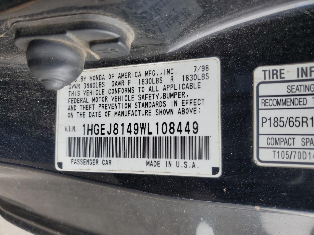 1998 Honda Civic Ex VIN: 1HGEJ8149WL108449 Lot: 65435165