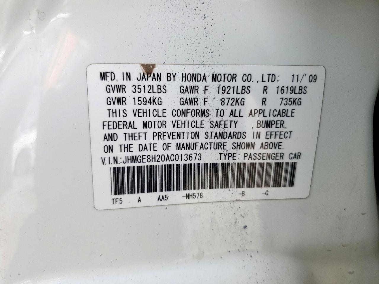 2010 Honda Fit VIN: JHMGE8H20AC013673 Lot: 65546735