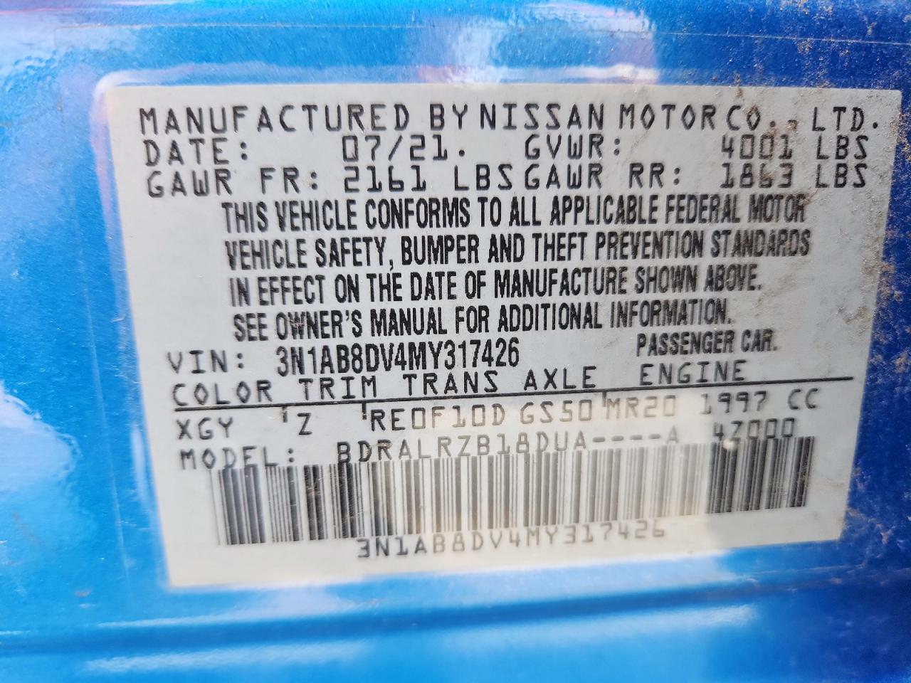 2021 Nissan Sentra Sr VIN: 3N1AB8DV4MY317426 Lot: 63783065