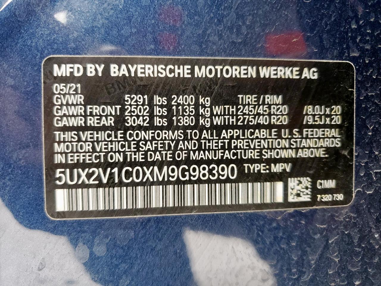 2021 BMW X4 xDrive30I VIN: 5UX2V1C0XM9G98390 Lot: 63678245
