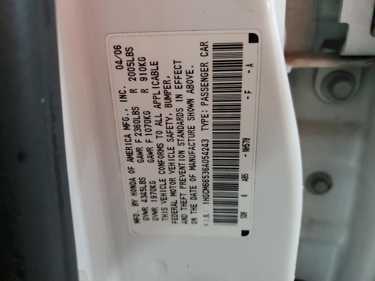 2006 Honda Accord Ex VIN: 1HGCM66536A054243 Lot: 63943305