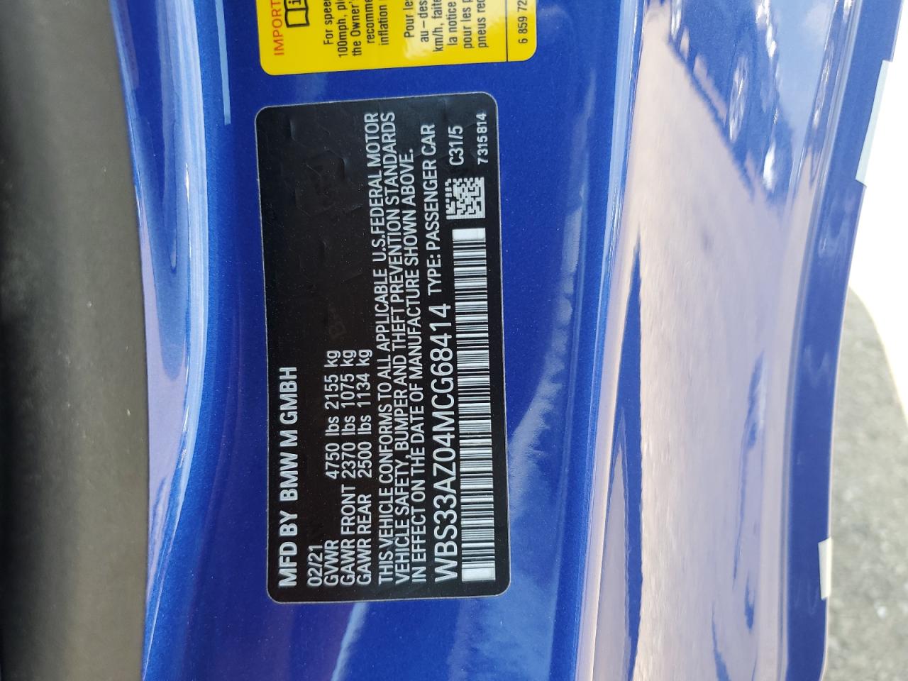 2021 BMW M4 Competition VIN: WBS33AZ04MCG68414 Lot: 61829165