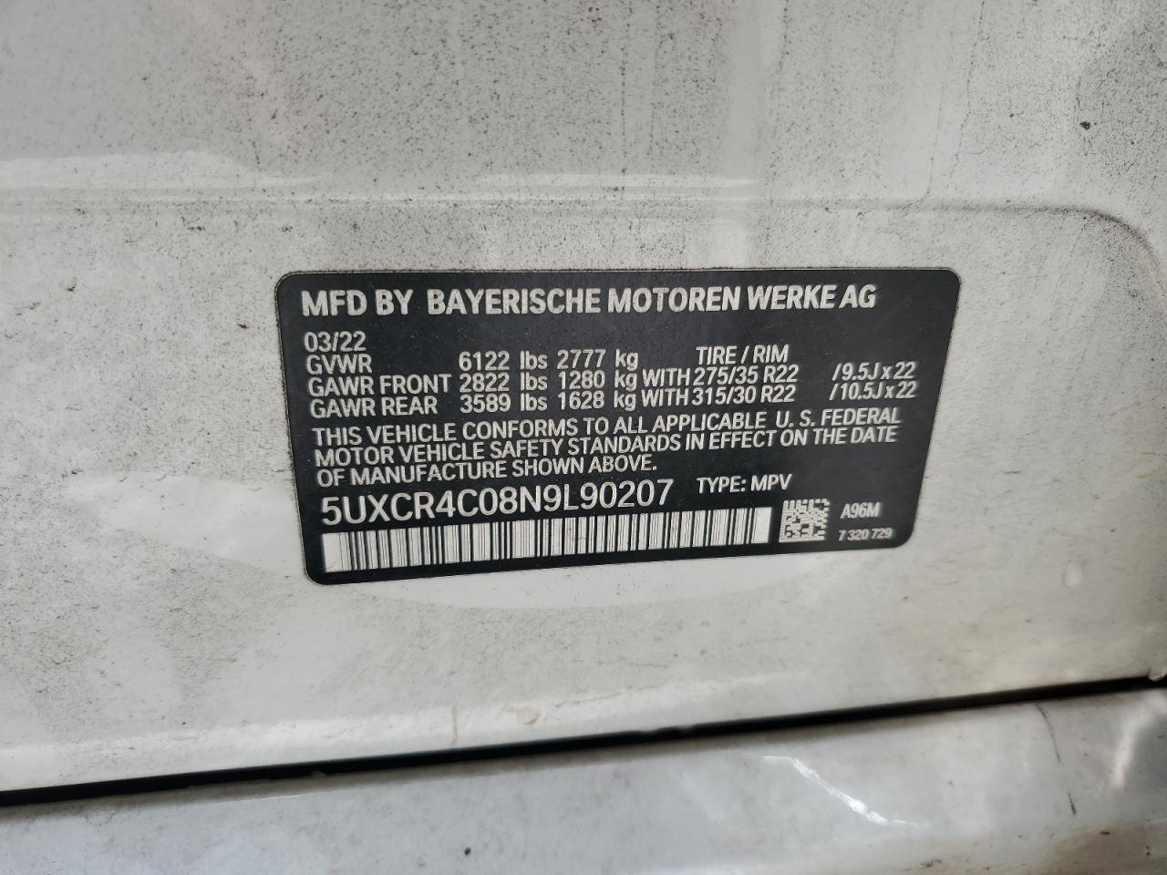 2022 BMW X5 Sdrive 40I VIN: 5UXCR4C08N9L90207 Lot: 59299815