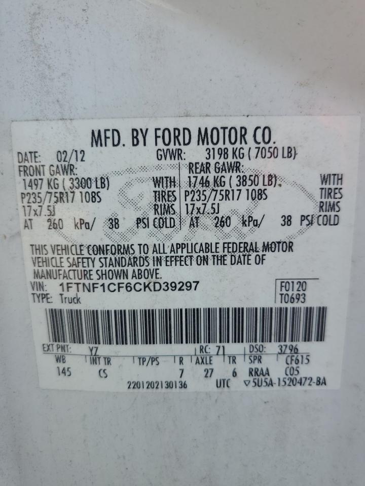2012 Ford F150 VIN: 1FTNF1CF6CKD39297 Lot: 64983775