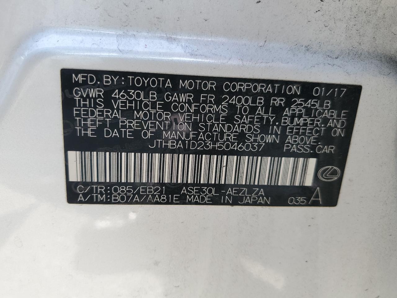 2017 Lexus Is 200T VIN: JTHBA1D23H5046037 Lot: 63713305