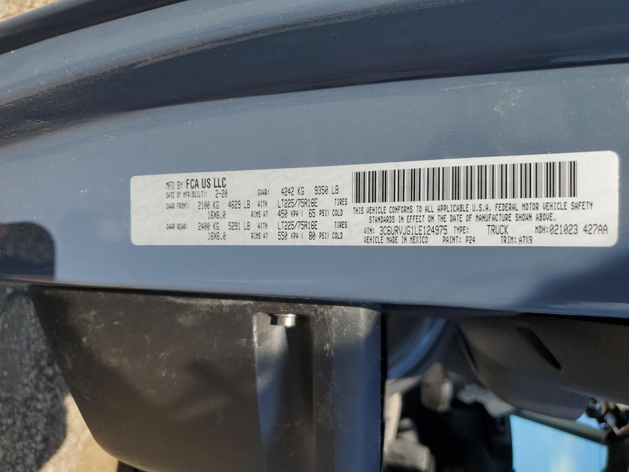 2020 Ram Promaster 3500 3500 High VIN: 3C6URVJG1LE124975 Lot: 62771465