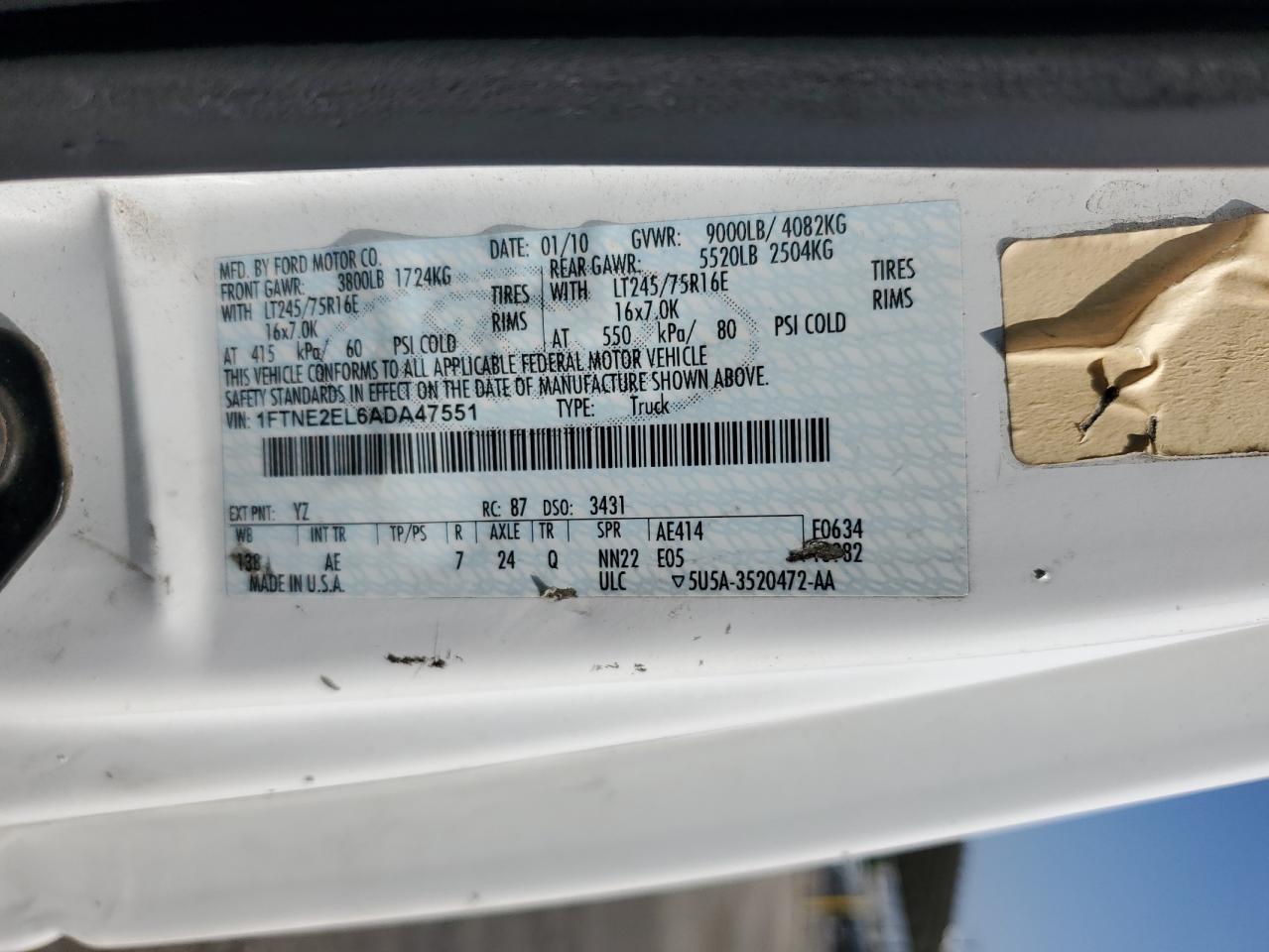 2010 Ford Econoline E250 Van VIN: 1FTNE2EL6ADA47551 Lot: 62460345