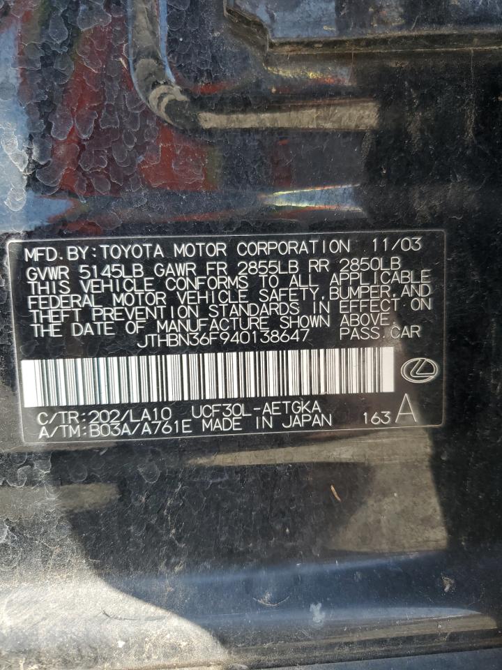 2004 Lexus Ls 430 VIN: JTHBN36F940138647 Lot: 64980675