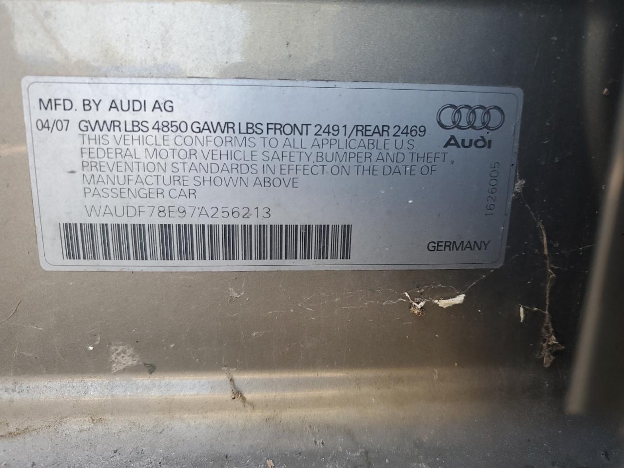 2007 Audi A4 2.0T Quattro VIN: WAUDF78E97A256213 Lot: 65978845