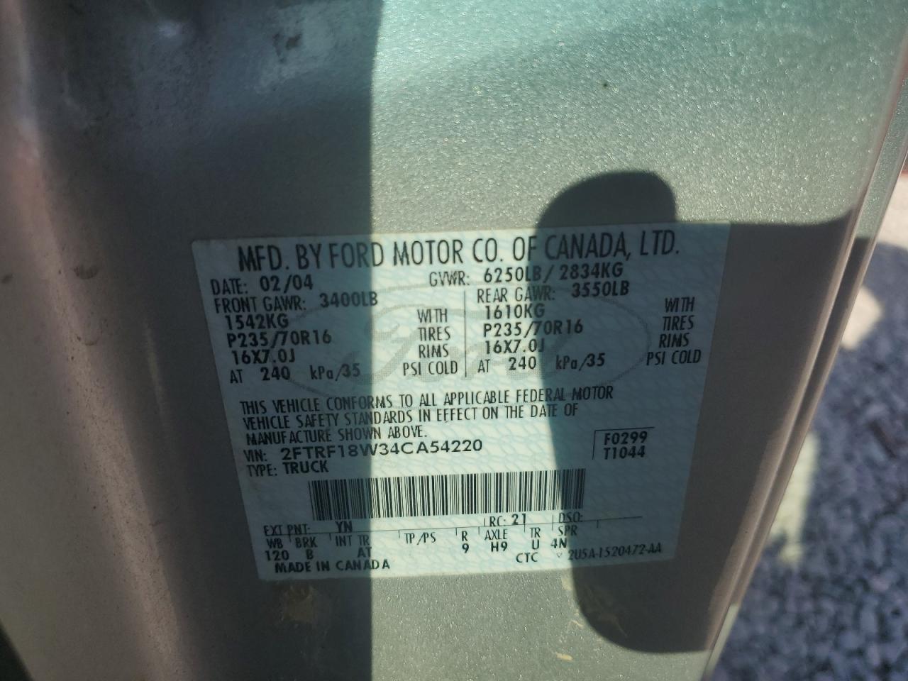 2004 Ford F-150 Heritage Classic VIN: 2FTRF18W34CA54220 Lot: 65447955