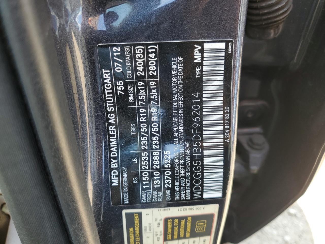 2013 Mercedes-Benz Glk 350 VIN: WDCGG5HB5DF962014 Lot: 63014735