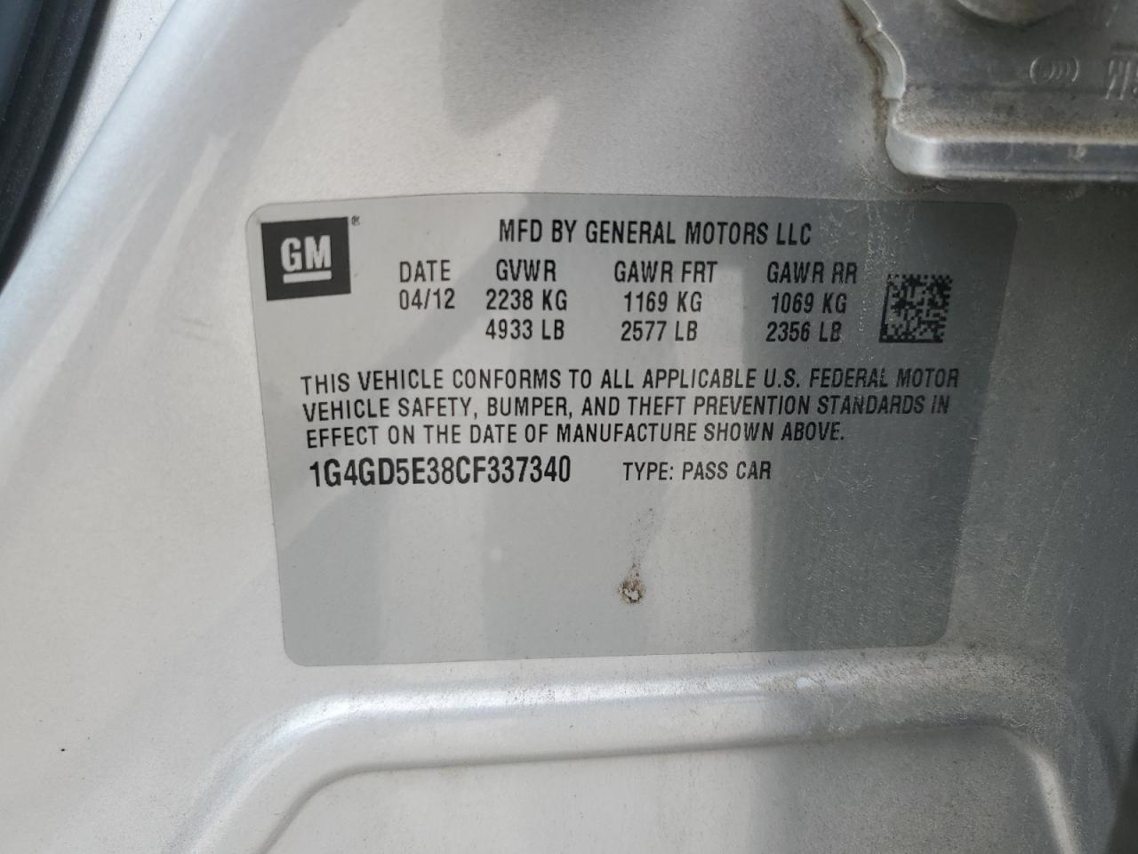 2012 Buick Lacrosse Premium VIN: 1G4GD5E38CF337340 Lot: 63468355