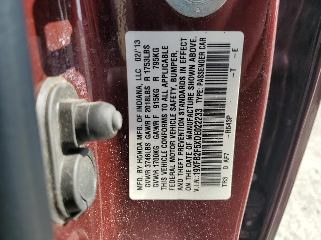 2013 Honda Civic Lx VIN: 19XFB2F5XDE022233 Lot: 65094045